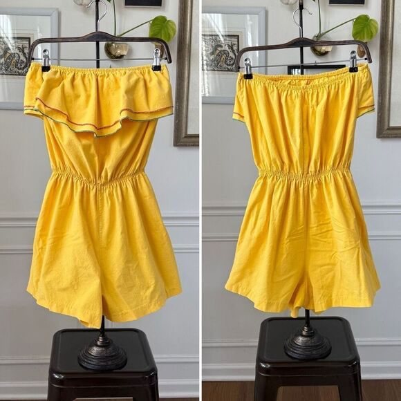 Vintage 80s Maurice Michaels Yellow Romper Ruffle M L - Picture 1 of 9